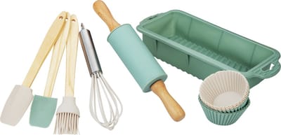 Bakset voor kinderen 12delig - cakevorm - garde - deegroller - twee spatels - keukenkwastje en 6 siliconen cupcakevormen