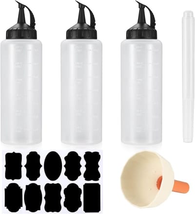 Verte Squeeze Bottle - Plastic Knijpflessen - Knijpflessen - Kruidenflesjes met Deksel - Knijpfles met Doseeropening - Ketchup - Mosterd - Mayonaise - Sauzen met Etiket - Pen - Trechter - 3 Stuks - 350 mL