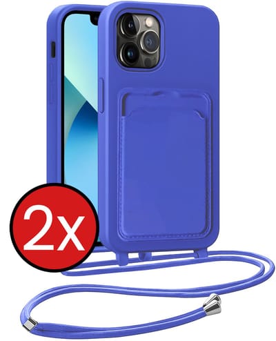 Hoesje Geschikt voor iPhone 13 Pro Hoesje Met Telefoonkoord en Pasjeshouder Siliconen - Hoes Geschikt voor iPhone 13 Pro Hoesje Met Kaarthouder Case - Felblauw - 2 PACK
