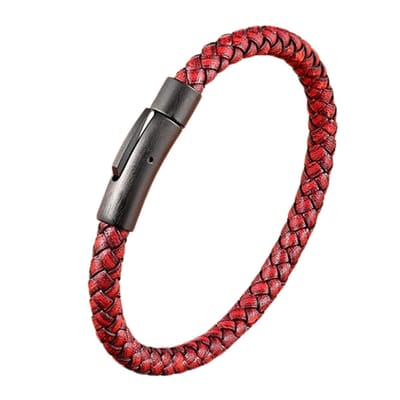 Malinsi® Armband Heren - Rood - Gevlochten Leer met RVS Kliksluiting - Armbandje Mannen 21 cm