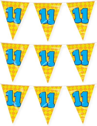 Paperdreams verjaardag 11 jaar thema vlaggetjes - 3x - feestversiering - 10m - folie - dubbelzijdig