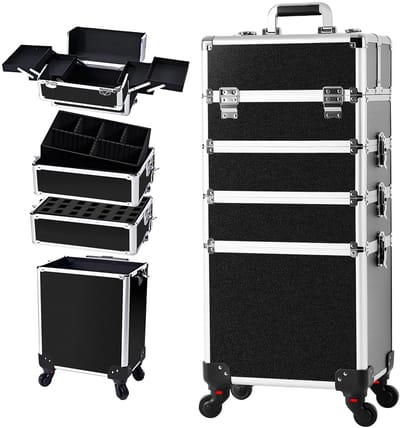 DIMICO - Make Up Koffer - Beautycase - Beauty Trolley op Wielen - Visagie - Cosmetica - Zwart - 4-in-1 - Afsluitbaar