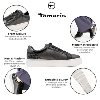 Tamaris Dames Pewter Zilveren Kunstleren Mode Veterschoenen