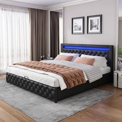 MEUNIQ gestoffeerd tweepersoonsbed 140 x 200 cm met lattenbodem, opklapbare opbergruimte en LED-verlichting in hoofdbord, slaapkamer, zwart kunstleer