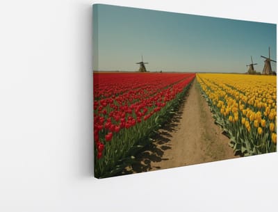 Saammp Canvas Schilderij - Landschap - Rode en gele tulpen- Natuur - 30x20 - Foto op canvas - Wanddecoratie - Muurdecoratie Woonkamer - Slaapkamer decoratie - Canvas Print