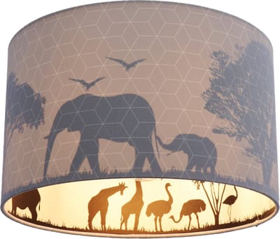 Olucia - SAFARI - Kinder Slaapkamer Plafondlamp - Grijs - Geschikt voor Kinderkamer/Tienerkamer/Babykamer - Vorm: Cilinder
