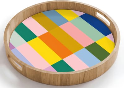 Dienblad rond 40x40 cm - Schootdienblad hout - Stroken - Blauw - Patroon - Abstract - Borrelplank rechthoek - Plateau houten dienbladen