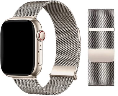 Stravo Milanees Bandje met Dubbele Magneetsluiting en Veiligheidsclip – Metalen Horlogebandje – Geschikt voor Apple Watch 46mm (Series 11/10), 45mm (Series 9/8/7), 44mm (Series 6/5/4, SE 3/2/1), 49mm (Ultra 3/2/1) – Starlight