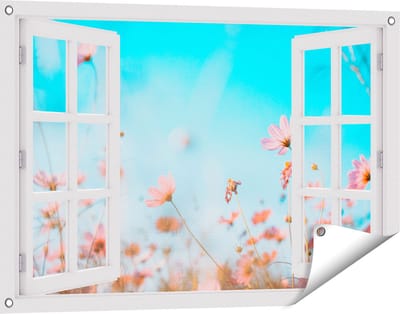 Gards Tuinposter Doorkijk Paarse Kosmos Bloemen - 90x60 cm - Tuindoek - Tuindecoratie - Wanddecoratie buiten - Tuinschilderij