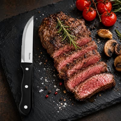 Benza Steakmessen Set van 4 – RVS Gekartelde Messen 25 cm – Steakmes voor Biefstuk, Pizza & Vlees – Zwart Houten Handvat