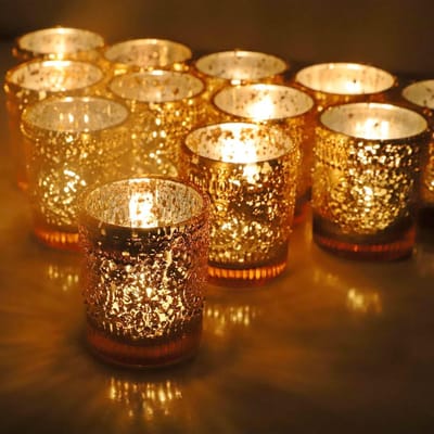 Set van 12 Gouden Theelichthouders van Glas voor Bruiloft Tafelcentra, Feestdecoratie en Thuisgebruik (5.5 x 6.5cm)