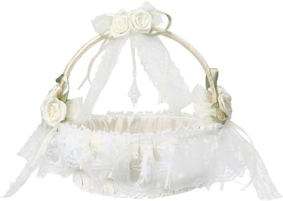 Bruiloft Bloemenmand - Bruidsmeisjesmand Decoratiemand - Bruiloft Versieren - Elegant Kantontwerp - 25x22x8 cm - Wit