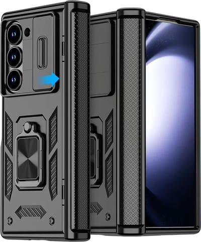 Geschikt voor Samsung Galaxy Z Fold 6 5G - Scharnierbescherming - Draaibare Magnetische Ringstandaard Hoesje - Cameralensafdekking - Zwart