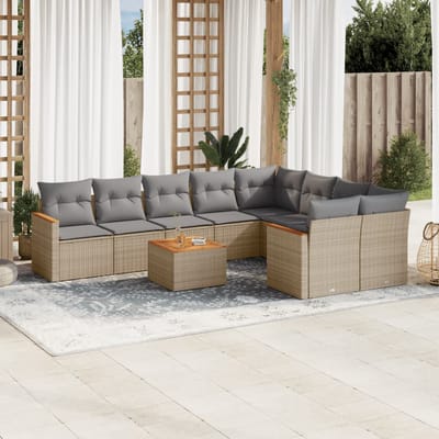 vidaXL - 10-delige - Loungeset - met - kussens - poly - rattan - gemengd - beige