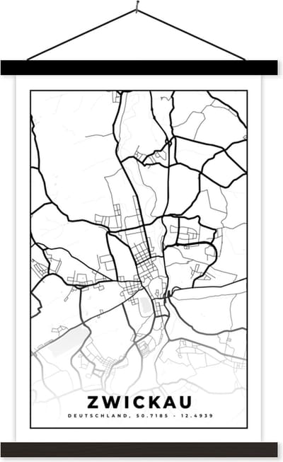 Posterhanger incl. Poster 40x60 cm - Schoolplaat - Zwickau - Plattegrond - Kaart - Stadskaart - Textielposter - Zwarte latten - Stadskaart