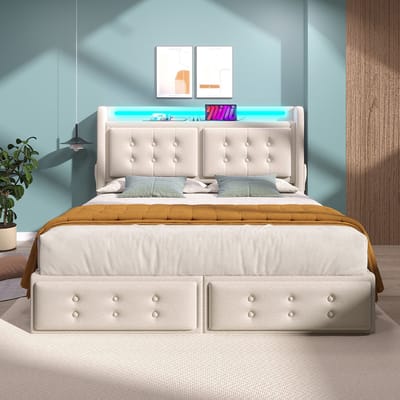 KOMHTOM Tweepersoonsbed Volwassen bed 180x200 met Led-hoofdbord en USB C-oplaadfunctie en 4 laden Linnen Beige