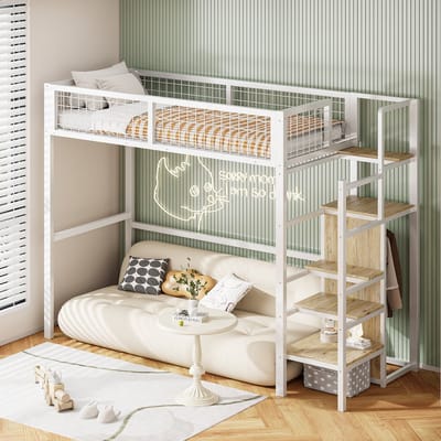 OKWISH Hoogslaper 90x200 cm – Met Veiligheidsladder – Opbergruimte Met Kast Onder Trap Voor Studie/Spelruimte – Metaal – Wit – Zonder matras