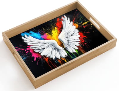 Dienblad hout 40x30 cm - Schootdienblad - Vleugels - Verfspatten - Kleurrijk - Borrelplank rechthoek - Plateau dienbladen