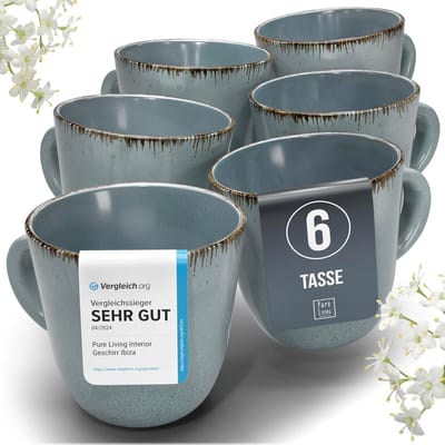 Pure Living Rustic Koffiemokken - Rookblauw - Set Van 6 (435 ml) - Massief Aardewerk - Landelijk Design - Magnetron & Vaatwasserbestendig