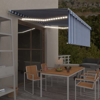 vidaXL - Luifel - handmatig - uittrekbaar - met - rolgordijn - LED - 4x3 - m - blauw - wit