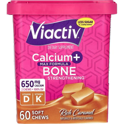 Viactiv, Calcium + Botversterking, Max Formule, Rijke Karamel Smaak, 650mg, 60 Zachte Kauwsnoepjes