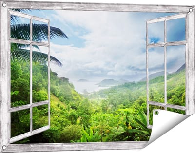 Gards Tuinposter Doorkijk Jungle Uitzicht op de Seychellen - 90x60 cm - Tuindoek - Tuindecoratie - Wanddecoratie buiten - Tuinschilderij