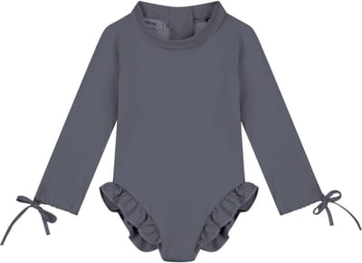 Supercute badpak UV-Zwempak - UPF50+, antraciet grijs met lange mouwen, drukknoopjes en ritssluiting maat 68/74