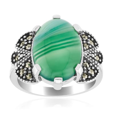 Cavill - Zilveren ring met groene agaat 4,27 ct en 14 marcasieten 0,182 ct - 925 Sterling zilver - Elegante brede damesring - Braziliaanse edelsteen
