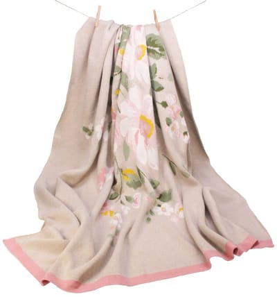Throw gebreid Bloem creme/zacht roze 100% katoen 125x150cm