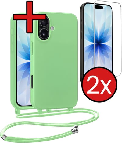 Hoesje Geschikt voor iPhone 17 Hoesje Siliconen Case Met Koord Met 2x Screenprotector - Hoes Geschikt voor iPhone 17 Hoesje Backcover Met Telefoonkoord - Groen