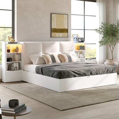 Opbergbed 180x200 cm - wit platformbed met gestoffeerd hoofdbord - hydraulische opbergruimte - 6 vakken - LED-verlichting in 7 kleuren - slaapkamer