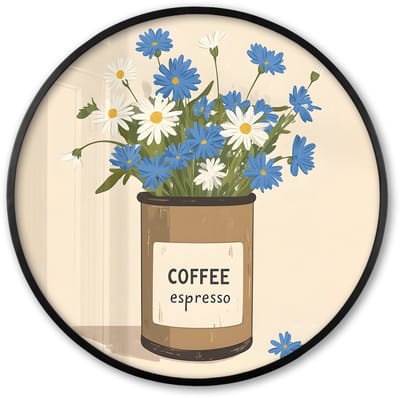 Poster in lijst Rond - Fotolijst 60x60 cm - Posters - Coffee - Blik - Minimalistisch - Bloemen - Ronde posterlijst zwart - Decoratie - Wanddecoratie woonkamer - Muurdecoratie slaapkamer