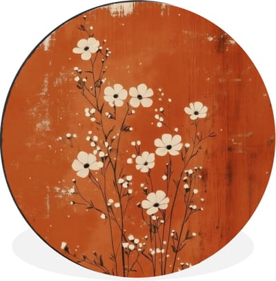 WallCircle - Wandcirkel - Muurcirkel - Bloemen - Wit - Subtiel - Roestkleur - Aluminium - Dibond - 30x30 cm - Binnen en Buiten