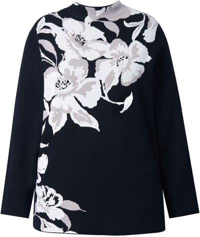 Ulla Popken - Dames - Jacquard-trui bloemen opstaande kraag lange mouwen - Zwart - Maat 42+