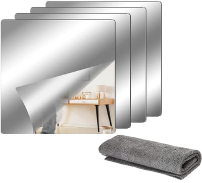 JHUBERS- Spiegelfolie Zelfklevend - Plakspiegel Rechthoek - Acryl 20x20 cm - Flexibele Muursticker - Set van 4 - Voor Badkamer/Woonkamer/Slaapkamer - Spiegelstickers