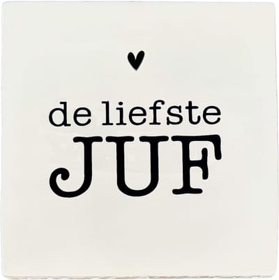 Snoes Spreuktegel – De liefste JUF – Wit met Zwart – Inclusief Plakhaakje – Handgemaakt Spaans Keramiek 10x10 cm – Cadeau Juf – Bedankje Einde Schooljaar