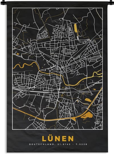 Wandkleed - Wanddoek - Stadskaart - Black and Gold - Lünen - Kaart - Plattegrond - Duitsland - 120x180 cm - Wandtapijt