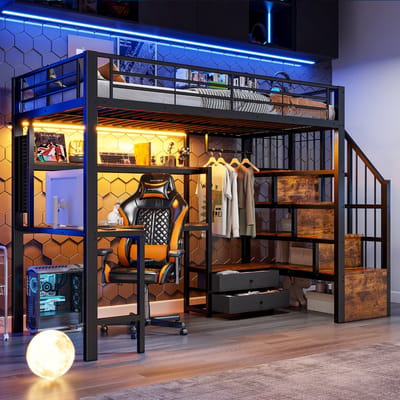 Hoogslaper 90x200 cm - Zwart - Ijzeren frame - Hoogslaper Met LED-lichtstrip, 2 lades, Kledingstang, Hoogslaper Met Bureau & Opbergtrap - Tienerhoogslaper - Kinderhoogslaper - Matras niet Inbegrepen - Ruimtebesparend