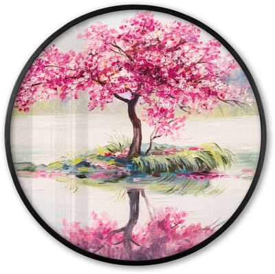 Poster in lijst Rond - Fotolijst 60x60 cm - Posters - Schilderij - Bloesem - Bloesemboom - Water - Olieverf - Ronde posterlijst zwart - Decoratie - Wanddecoratie woonkamer - Muurdecoratie slaapkamer
