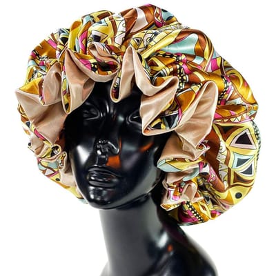 Vrouwen satijnen muts dubbellaags zijdezachte grote muts voor dames met print slaapmuts hoofddoek beige