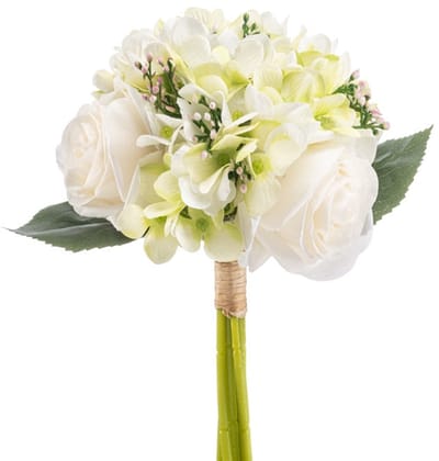 Emerald - Kunstbloem Hortensia Roos Bundel 32cm créme/groen - Kunstplant voor binnen