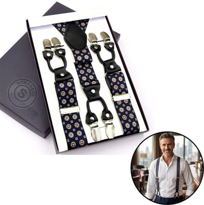 Sorprese - Luxe Chique Bretels - Medaillon Blue - Zwart Leer - 6 Stevige Clips - Bretels Heren Volwassenen - Inclusief Cadeaudoos
