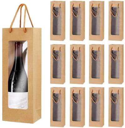 Dailygoods- Wijngeschenkzakken 12 Stuks - Kraftpapier - Herbruikbare Draagtassen - Doorzichtig Venster - Handgrepen - Perfect voor Feesten - Wijnzakken