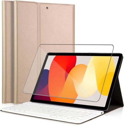 Hoes met toetsenbord geschikt voor Xiaomi Redmi Pad SE - Screen Protector GlassGuard - Keyboard Book Case Cover Hoesje Goud & Screenprotector