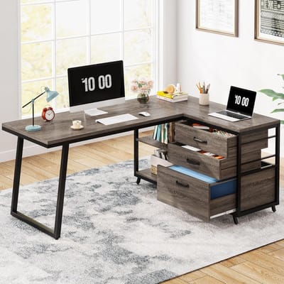 Tribesigns L-vormig Bureau - Computerbureau met 3 Lades - Omkeerbaar Hoekbureau met Planken - Bureau Houten Tafel voor Studeerkamer, Schrijftafel, Werkplek - 135 x 100 x 75 cm - Grijs