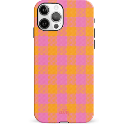 xoxo Wildhearts Brunch o'clock hoesje Double Layer - Hoesje met ruiten geschikt voor iPhone 12 Pro Max hoesje - Dames hoesje geschikt voor iPhone 12 Pro Max - Kleurrijk hoesje - shockproof case - Geruit hoesje - oranje / paars