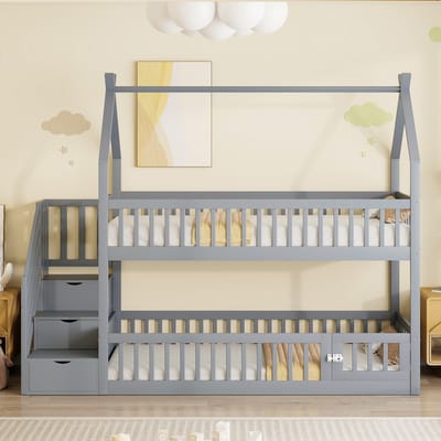 VVBV Huisbed Stapelbed 90x200 cm - Opbergruimte, Trap/Ladder, Huisdesign, Voor Kinderen/Tieners - Massief Hout Grijs