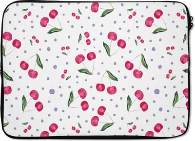 Laptophoes 13 inch - Kersen - Fruit - Wit - Laptop sleeve - Binnenmaat 32x22,5 cm - Zwarte achterkant