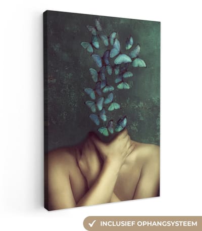 Canvas schilderij 20x30 cm - Wanddecoratie Torso - Stilleven - Vlinders - Blauw - Muurdecoratie woonkamer - Slaapkamer decoratie - Kamer accessoires - Schilderijen op canvas