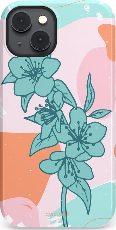 Casetastic hoesje geschikt voor Apple iPhone 14 - MagSafe - Dubbellaagse bescherming - Roze Oranje Turqoise Bloemen Modern - Fashion Case - Wit Mintgroen Perzik Lichtroze